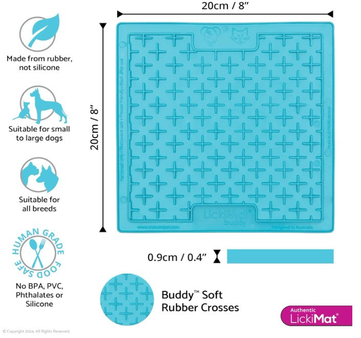 LickiMat Buddy – Slow Feeder & Boredom Buster for Dogs and Cats, Freezable, Soft Rubber Cross Design, 20cm / 8”, Available in Multiple Colours